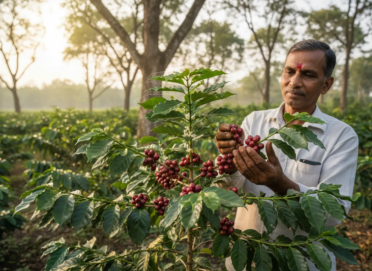 A farmer inspects ripe, red Arabica coffee cherries on a plant in a well-managed plantation in Gujarat.
