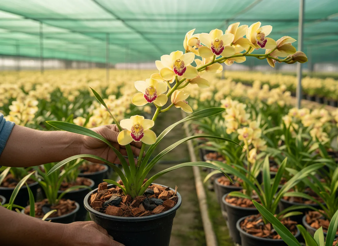 A healthy Cymbidium orchid with a blooming spike of yellow flowers in a Pune nursery.