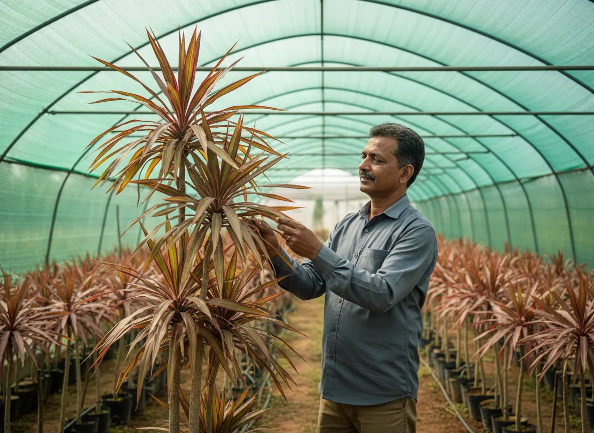 An Indian farmer in a shade house in Andhra Pradesh inspecting a healthy, colourful Dragon Tree (Dracaena) plant.