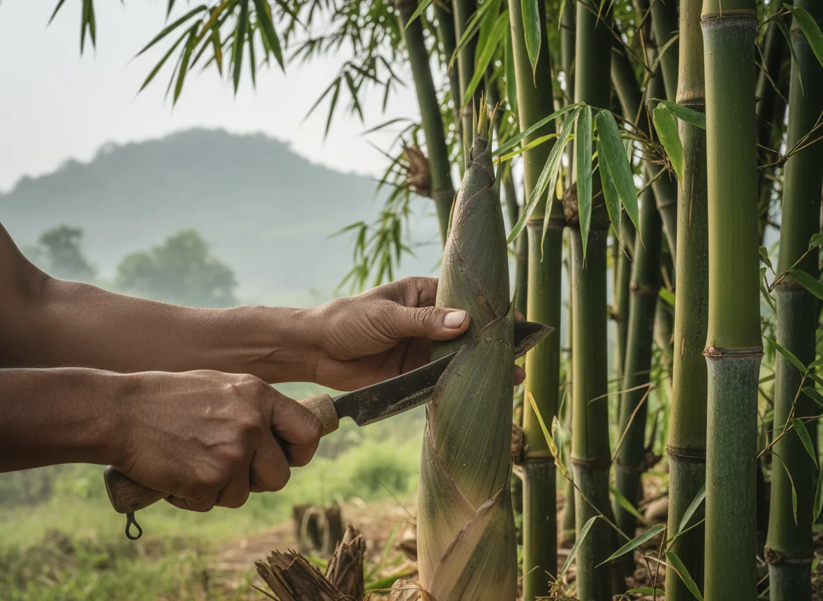 Farmer harvesting a fresh, edible bamboo shoot from a large clump in a well-maintained grove near Coimbatore, India.