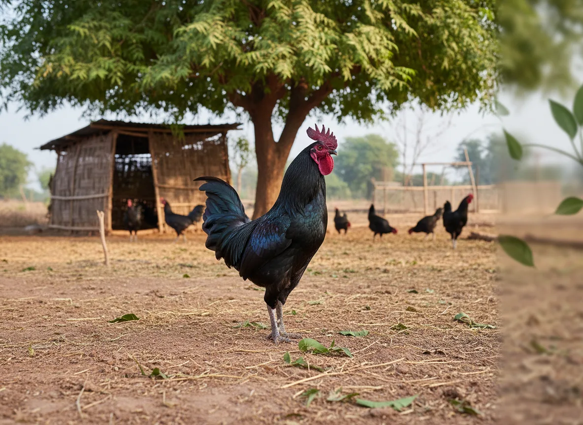 A healthy, pure black Kadaknath rooster standing on a farm in Guntur, with more chickens and a shed in the background.