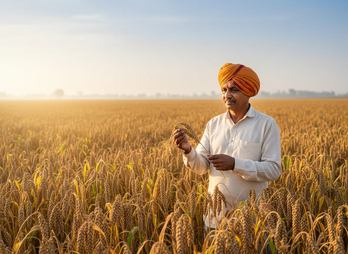 A farmer in Maharashtra inspects a healthy earhead of Kodo millet in his field during a sunny morning harvest.