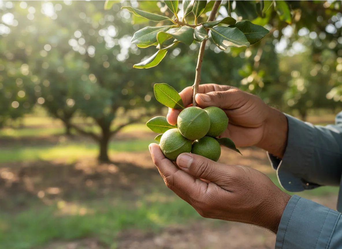 A farmer's hands inspecting a cluster of green macadamia nuts on the tree in a sunlit Indian orchard.