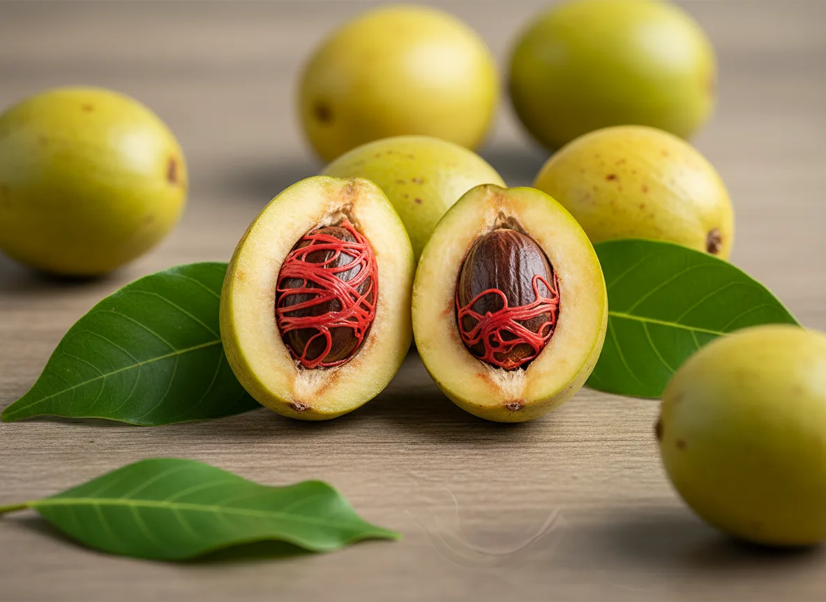 A close-up of a split-open nutmeg fruit showing the vibrant red mace (javitri) covering the inner seed.