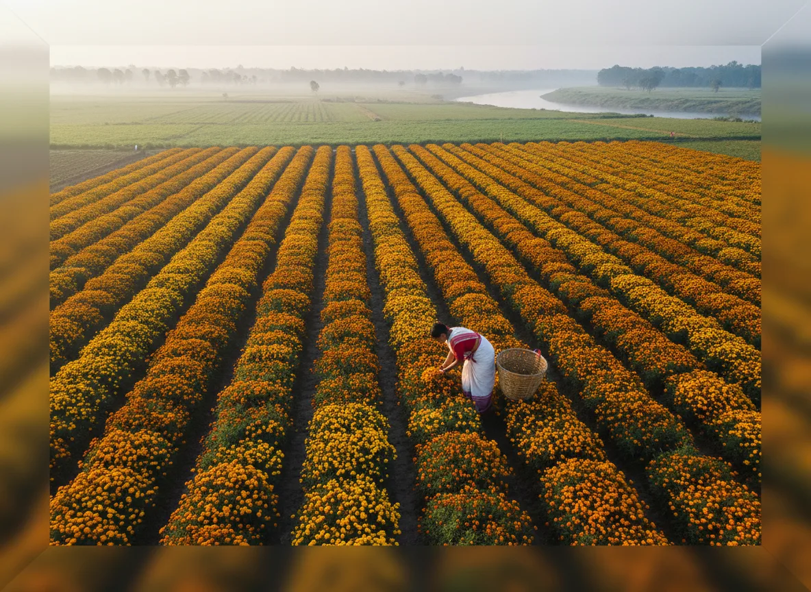A farmer harvesting bright orange and yellow marigolds in a lush field in the Brahmaputra Valley, Assam.