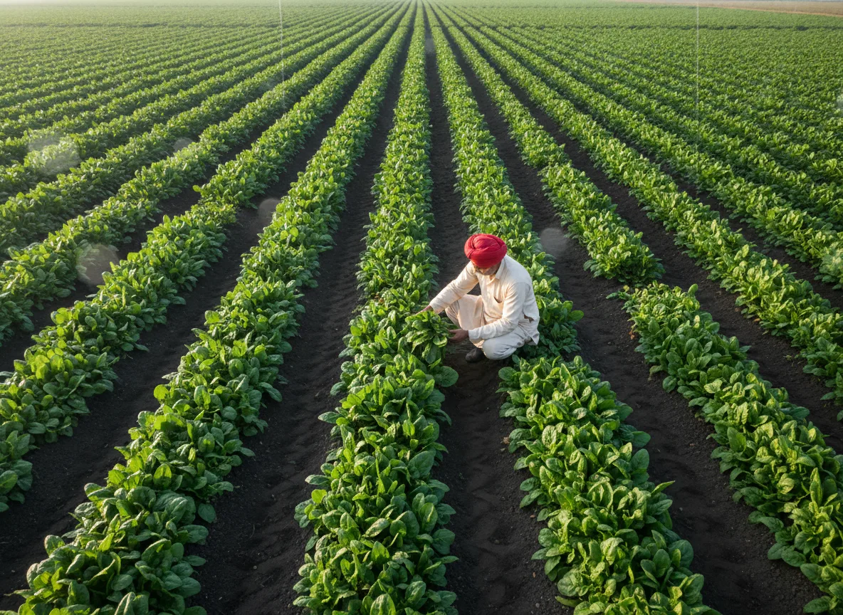 A farmer inspects rows of lush green spinach (palak) growing in the fertile black soil of a field in Malwa, India.