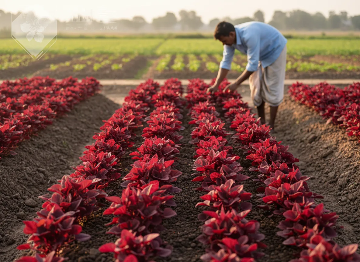 Vibrant rows of red amaranth (Chaulai) growing in a field, with a farmer inspecting the healthy crop.