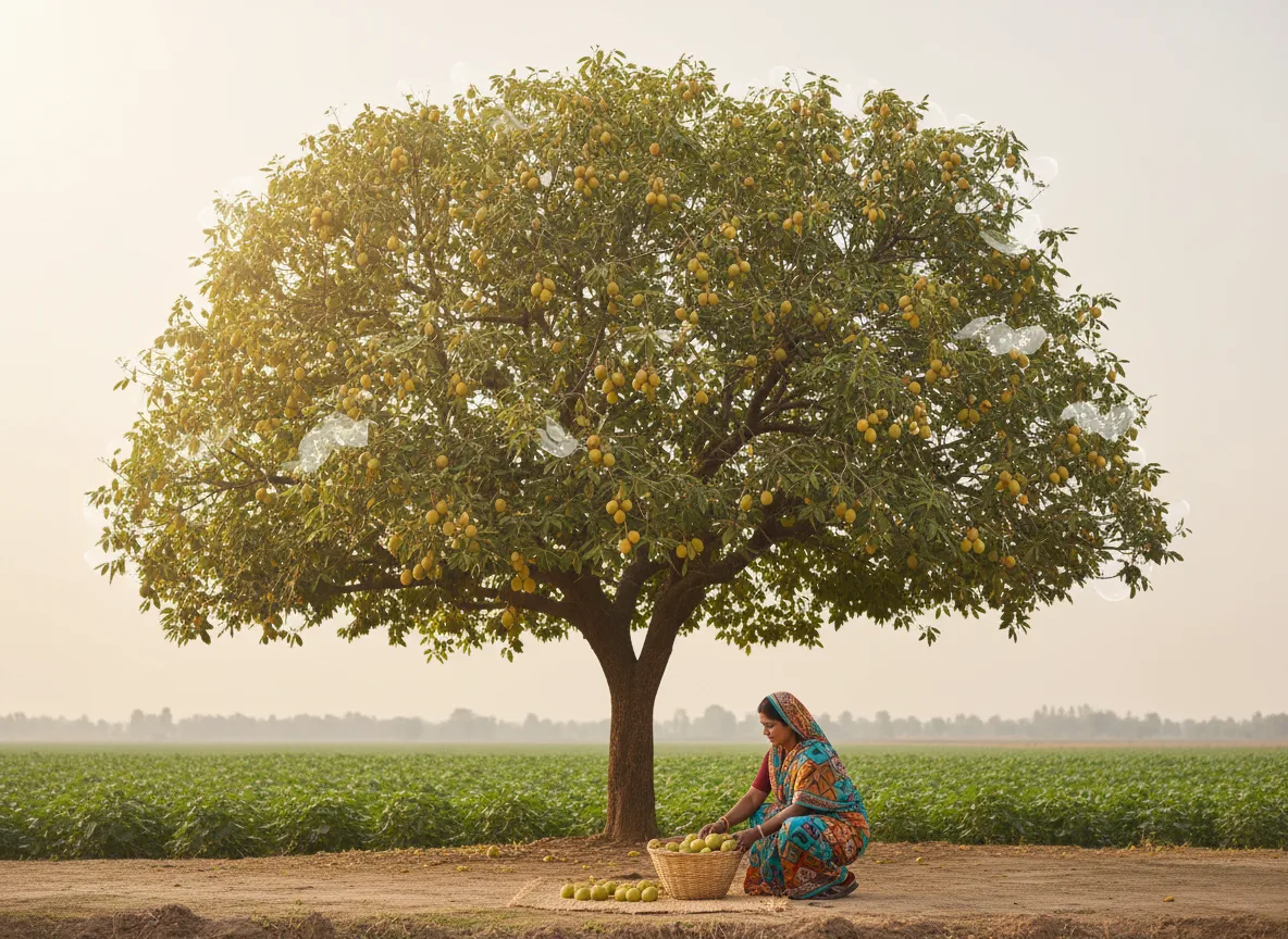 A farmer in India collects ripe Shea fruits that have fallen from a mature Karite tree bordering a cotton field.