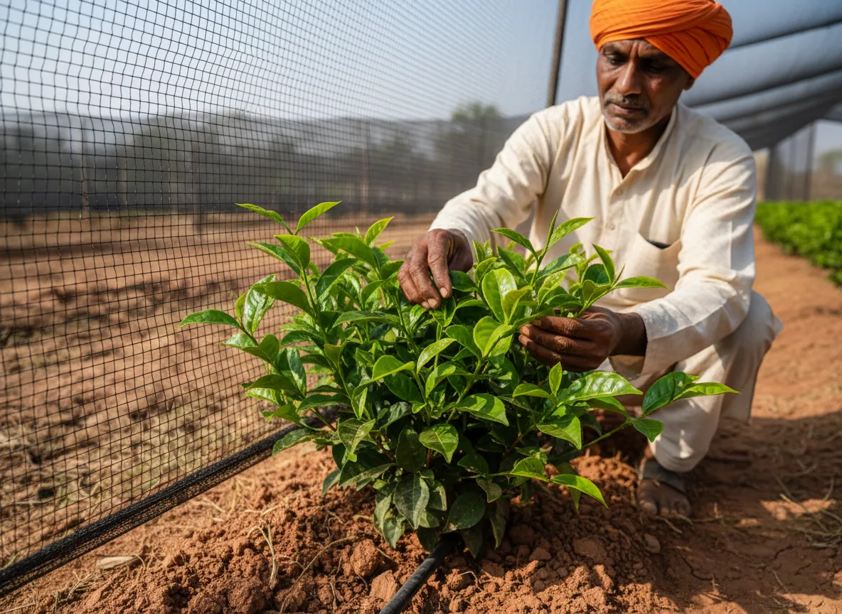 An Indian farmer inspects young Tencha tea plants growing under a shade net with drip irrigation in Bundelkhand.