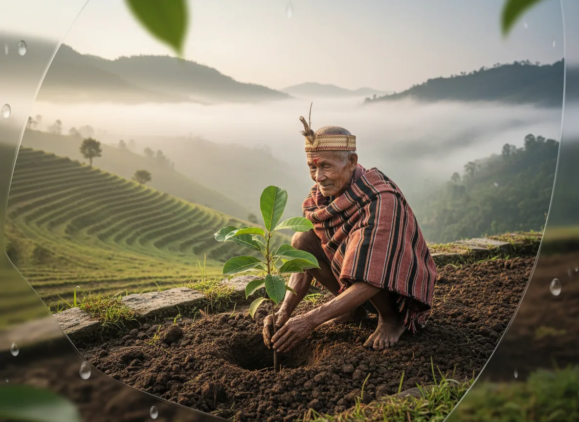 An elderly Naga farmer plants a young banyan tree sapling on a green, terraced hillside in Nagaland.