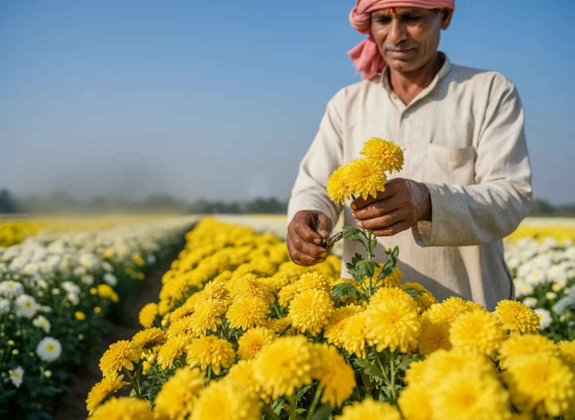 A farmer in Gujarat carefully harvesting bright yellow chrysanthemum flowers from a sunlit field.