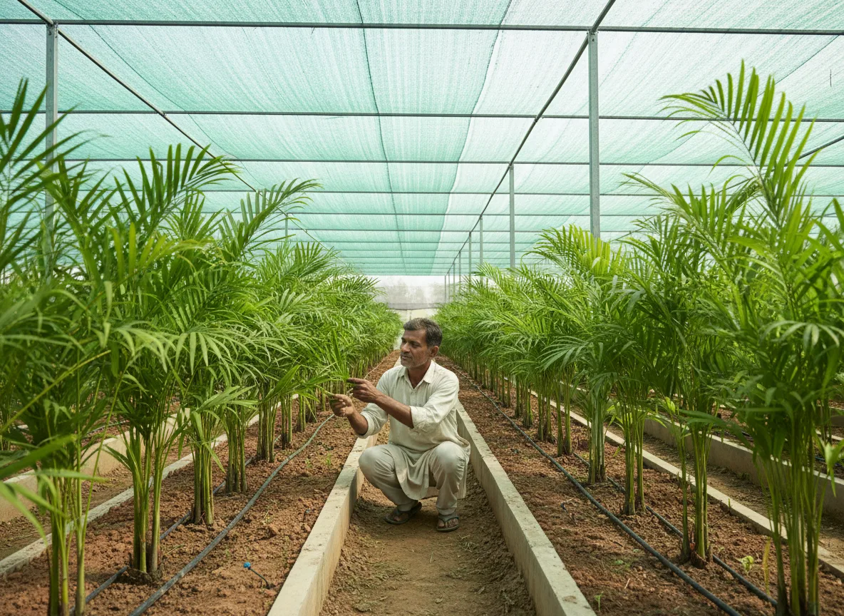 Lush rows of Bamboo Palm plants growing commercially inside a shade net house in Haryana, with a farmer inspecting the leaves.