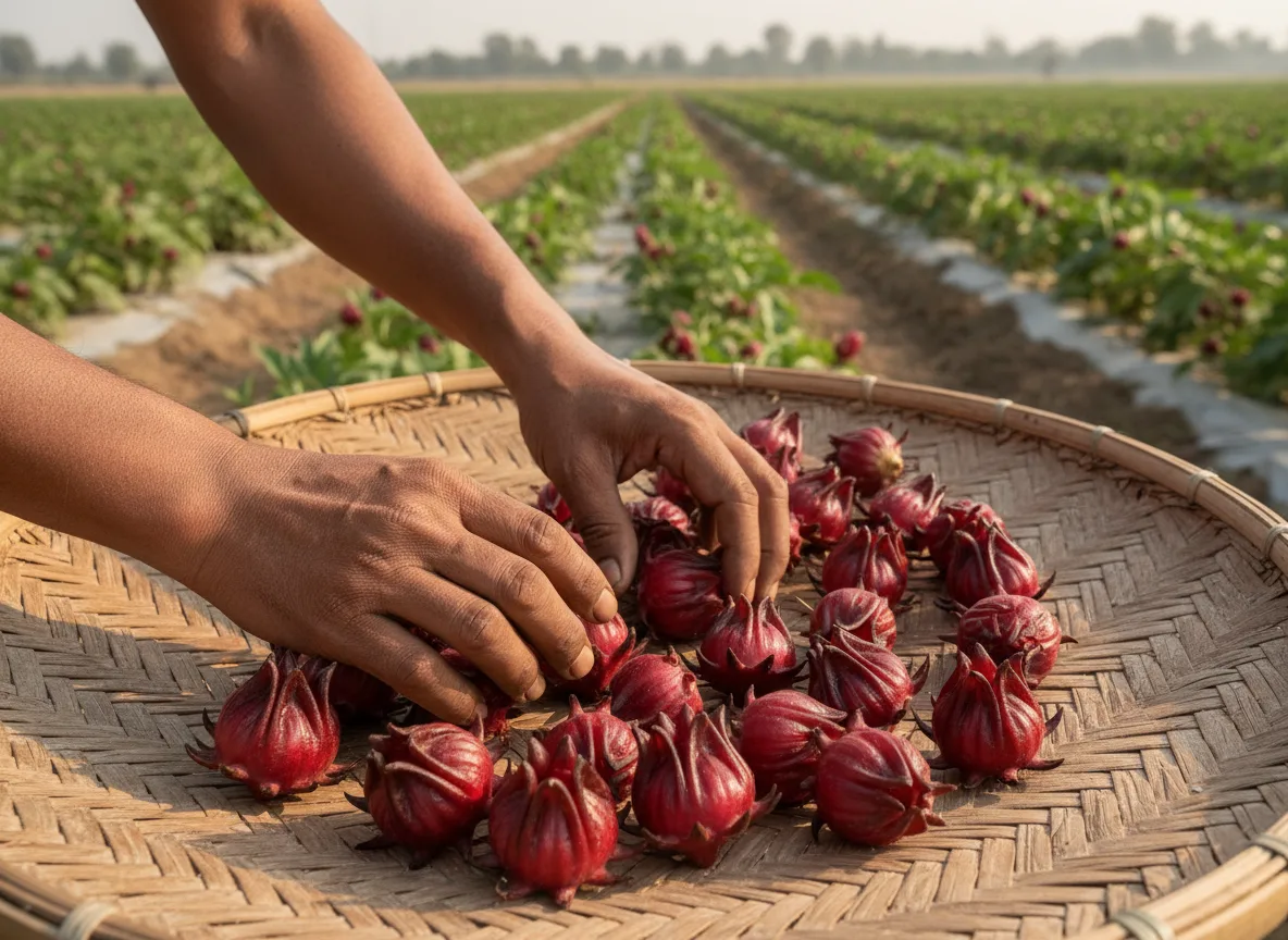 A farmer in Agra sorting vibrant red Roselle hibiscus calyces by hand after a successful harvest.