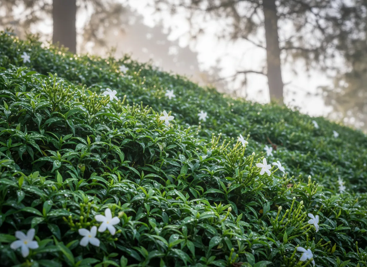 A dense, healthy groundcover of Asian Jasmine with glossy green leaves on a slope in the Himachal Pradesh hills.
