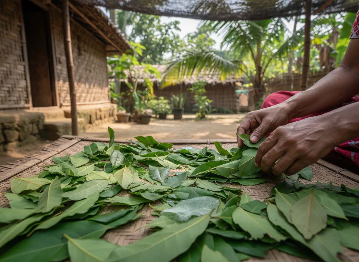 A farmer carefully sorting and grading freshly harvested Tej Patta (Indian Bay Leaf) leaves in a courtyard in Assam.