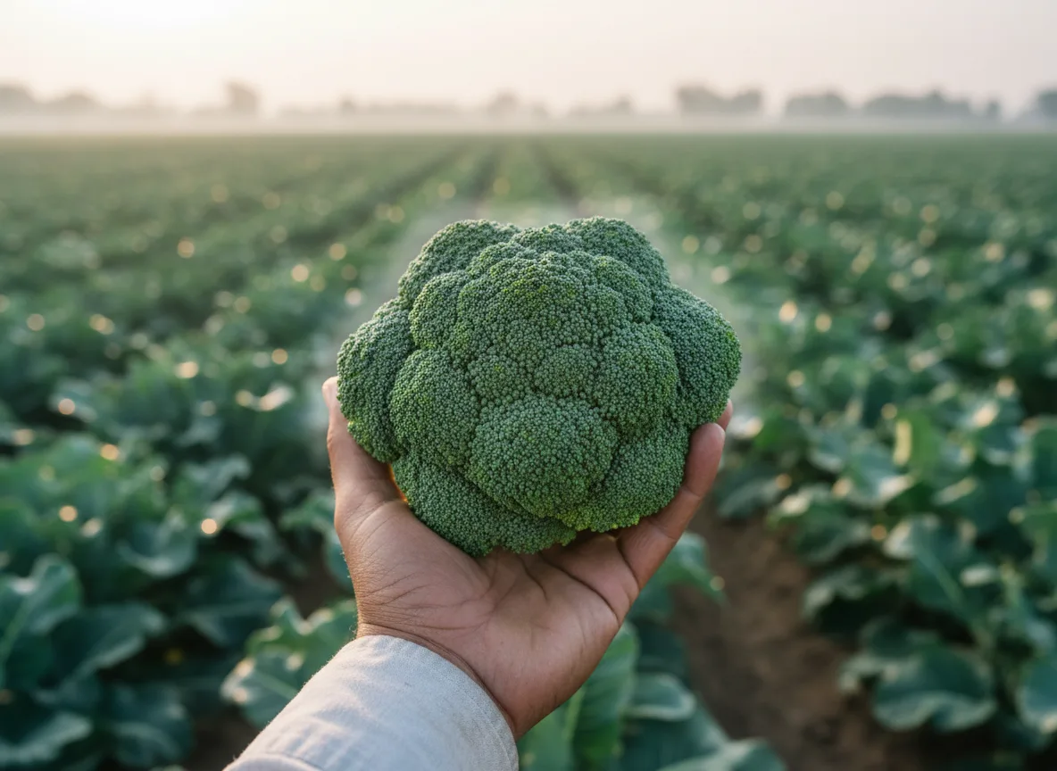 A farmer proudly holding a large, freshly harvested head of green broccoli in a field in Muzaffarnagar, Uttar Pradesh.