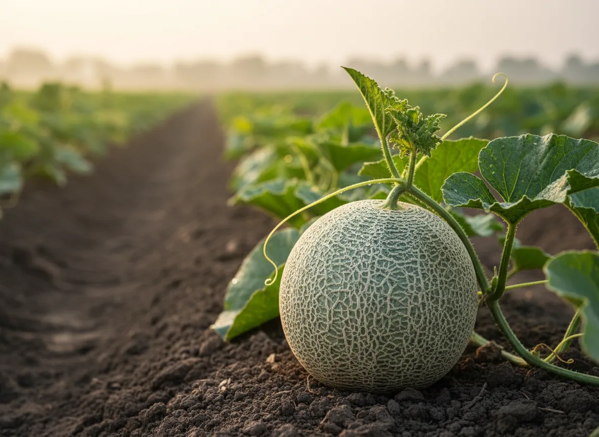 A ripe cantaloupe with textured netting on the vine in a Warangal farm field at sunrise.