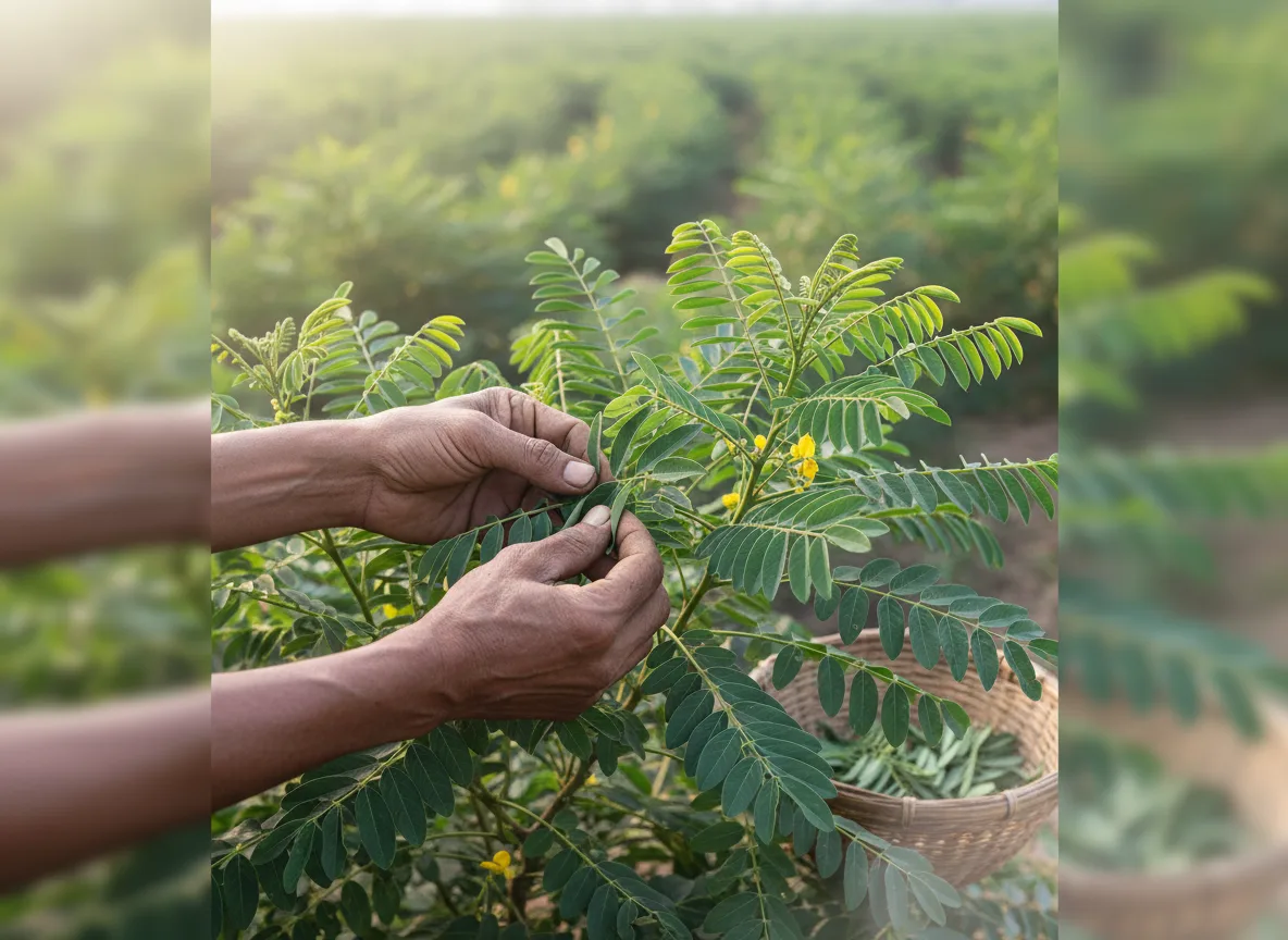 A farmer carefully hand-picking mature green leaves from a Sonamukhi (Cassia angustifolia) plant in a field in West Bengal.