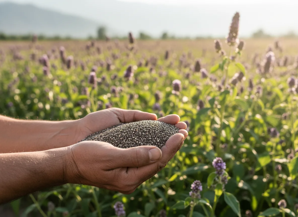 A farmer's hands holding a handful of harvested chia seeds, with a field of chia plants in Jammu & Kashmir in the background.