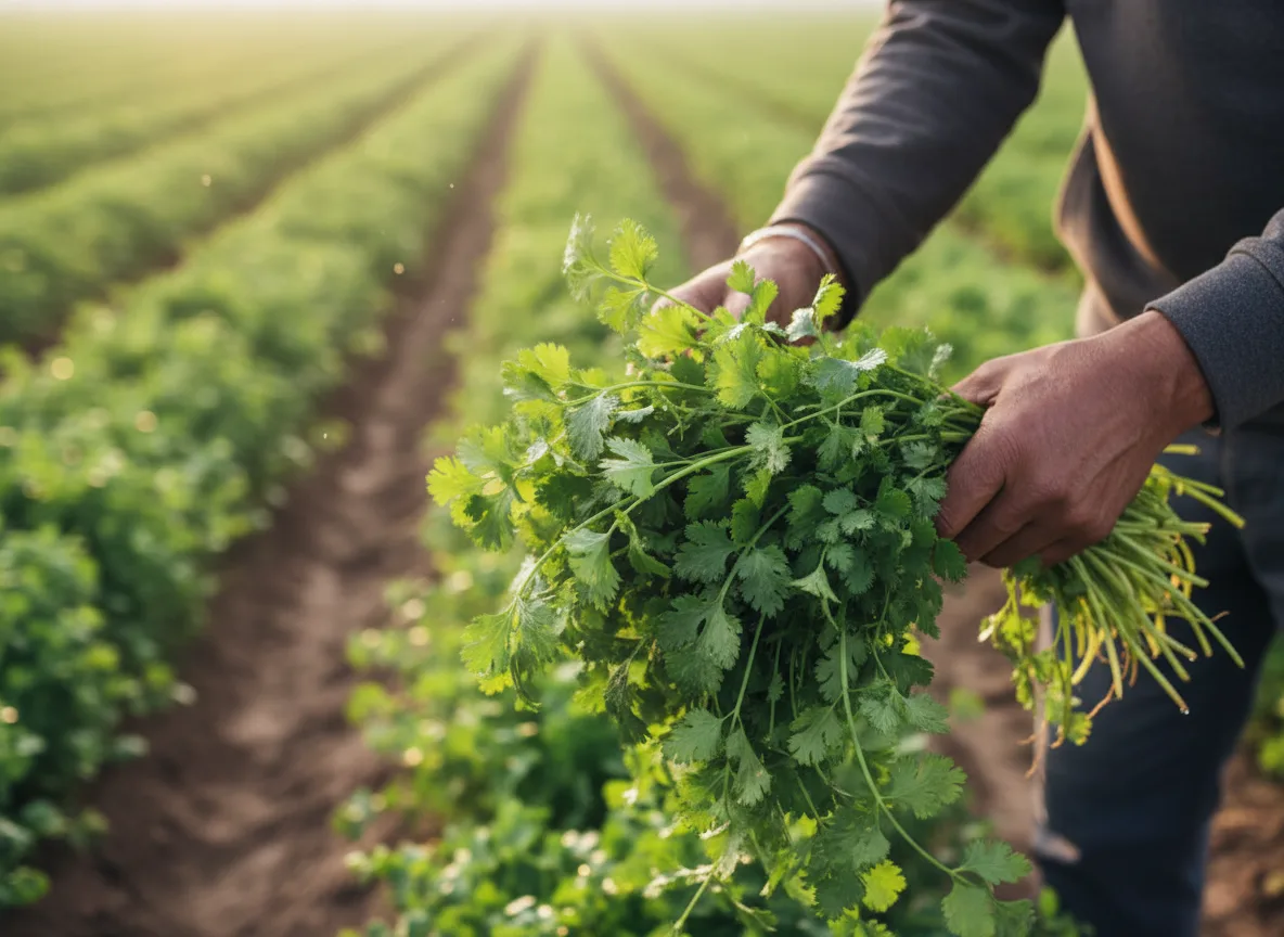 A farmer in Punjab harvesting fresh, green cilantro from a field, showcasing a successful crop.