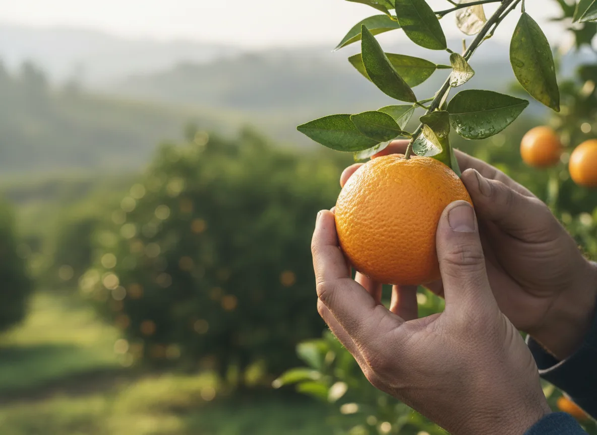 A farmer in Tripura inspects a ripe Khasia mandarin orange growing in a lush citrus orchard.