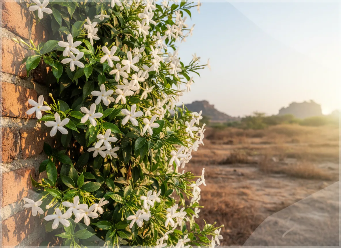 Close-up of fragrant, star-shaped Confederate Jasmine flowers on a vine growing against a wall in Rayalaseema.