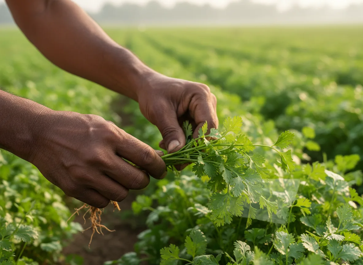A farmer in Tanjore carefully harvesting fresh green coriander (kothamalli) leaves from a healthy, thriving field.