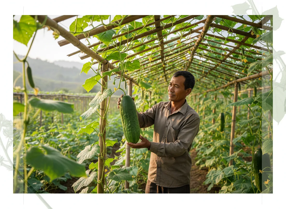 A farmer in Mizoram inspects a healthy cucumber on the vine, supported by a bamboo trellis in a lush field.
