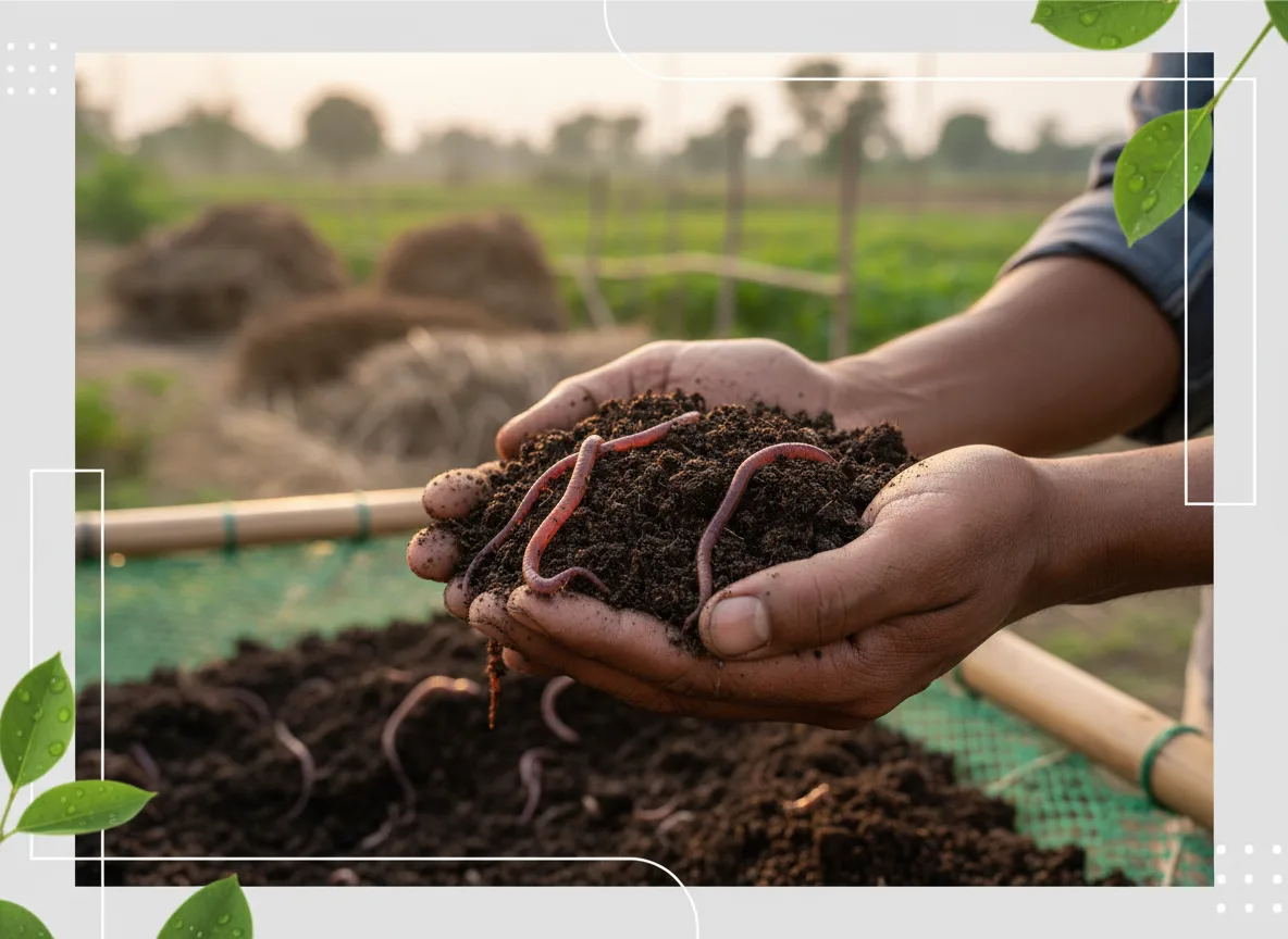 A farmer's hands holding a handful of dark, nutrient-rich vermicompost with several Eisenia fetida earthworms.