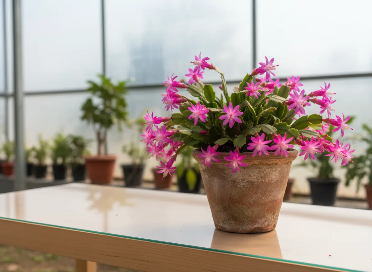 A healthy Easter Cactus with bright pink, star-shaped flowers, growing in a terracotta pot in a Haryana polyhouse setting.