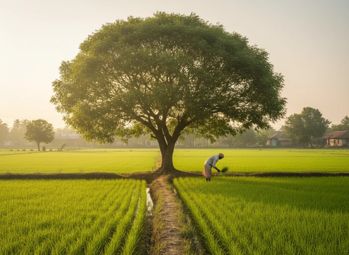 A mature Neem tree stands on the boundary of a vibrant green rice paddy field in India during a golden sunset.