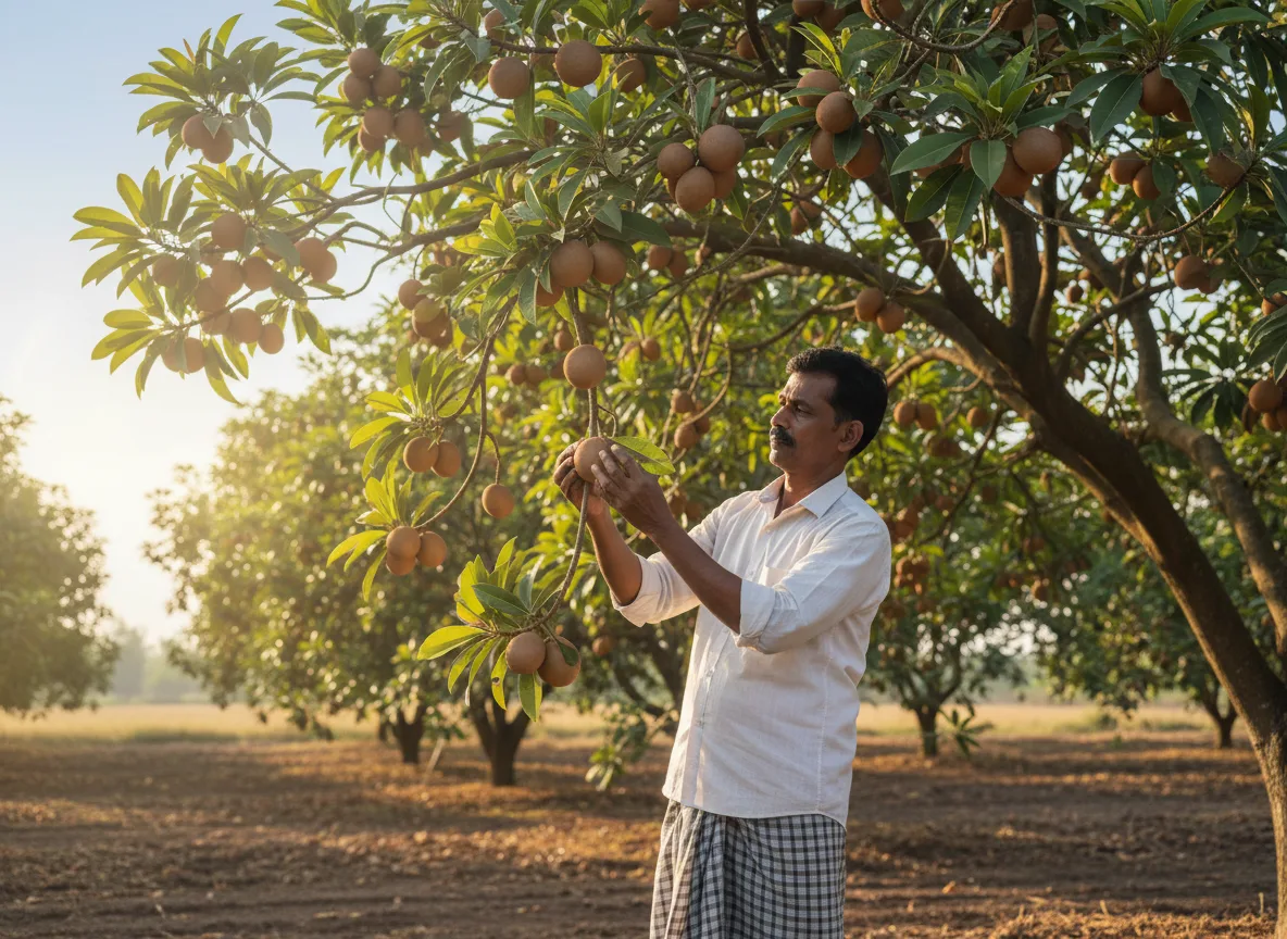 A farmer in the Krishna-Godavari region inspecting ripe Sapota (Chiku) fruit growing on a lush, mature tree in his orchard.