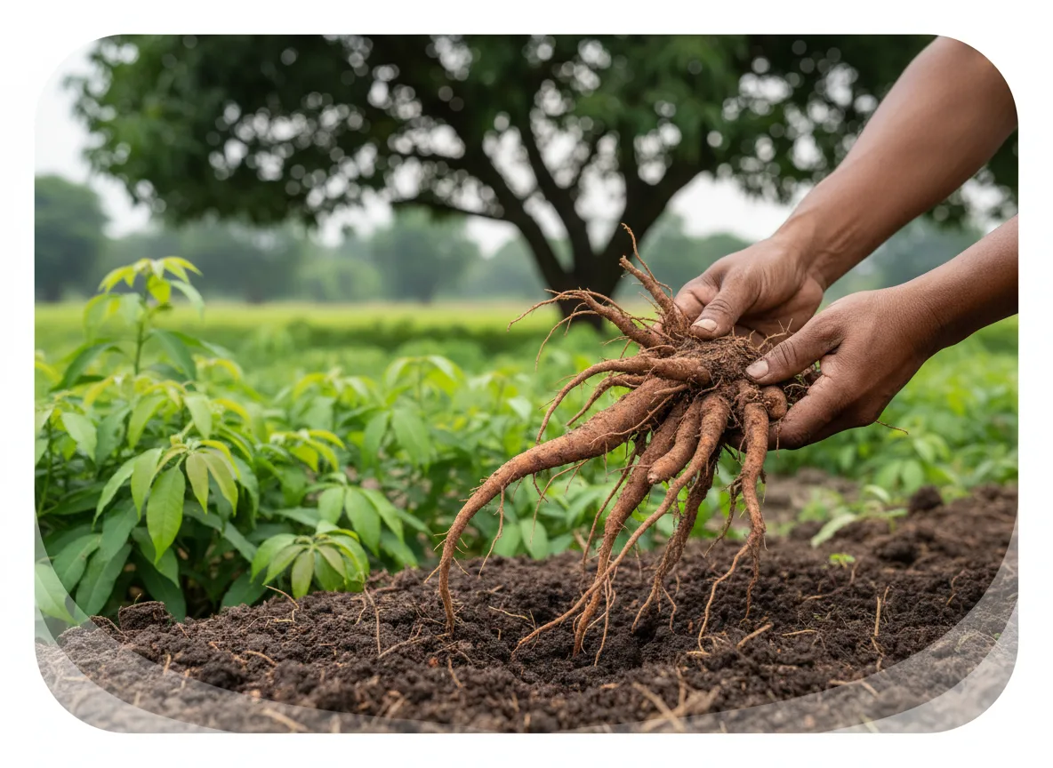A farmer in Odisha carefully harvesting the valuable medicinal roots of the Sarpagandha (Rauwolfia serpentina) plant.