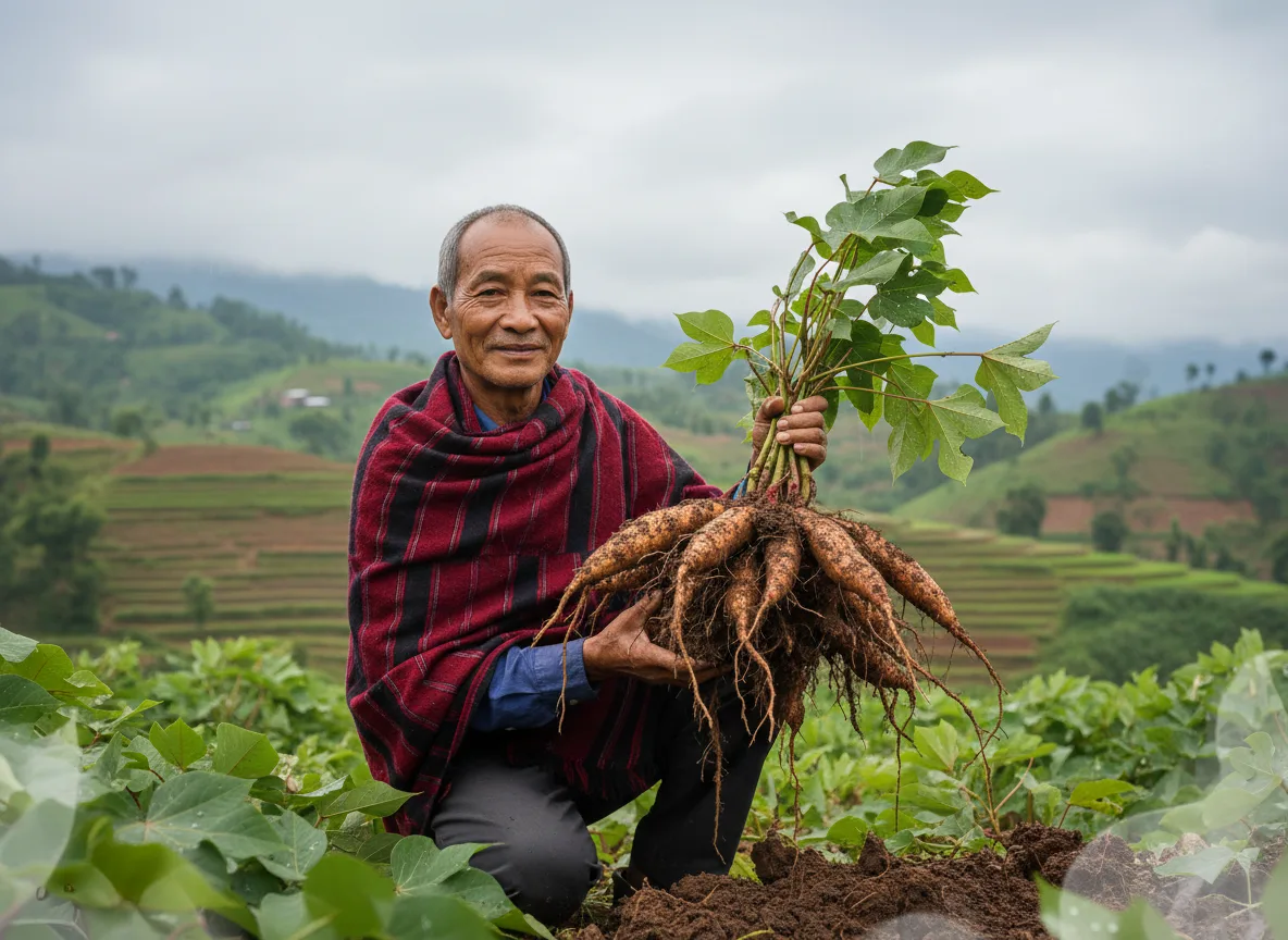 A farmer in Nagaland proudly holds up a freshly harvested cluster of large tapioca (cassava) tubers, with terraced hills in the background.