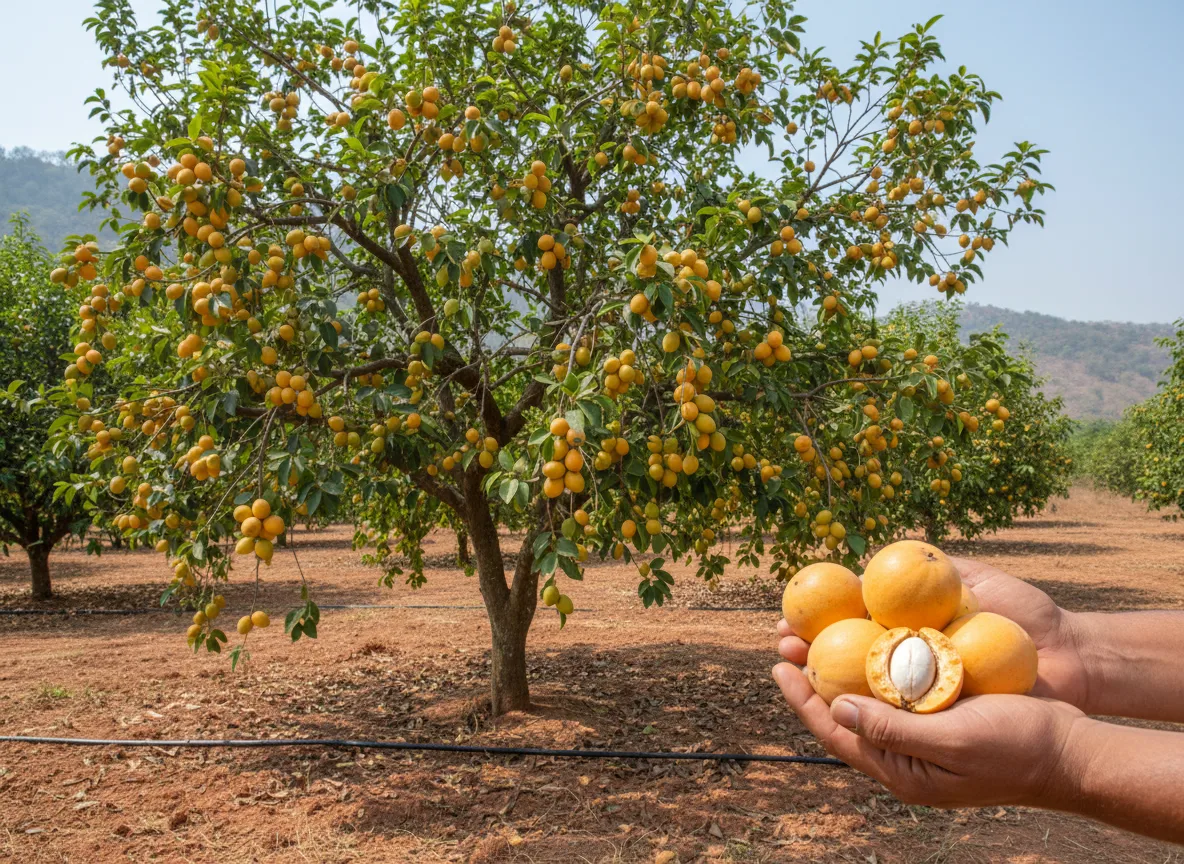 A farmer in Solapur holds harvested Indian Shea (Chiuri) fruits and kernels in front of a mature tree with drip irrigation.