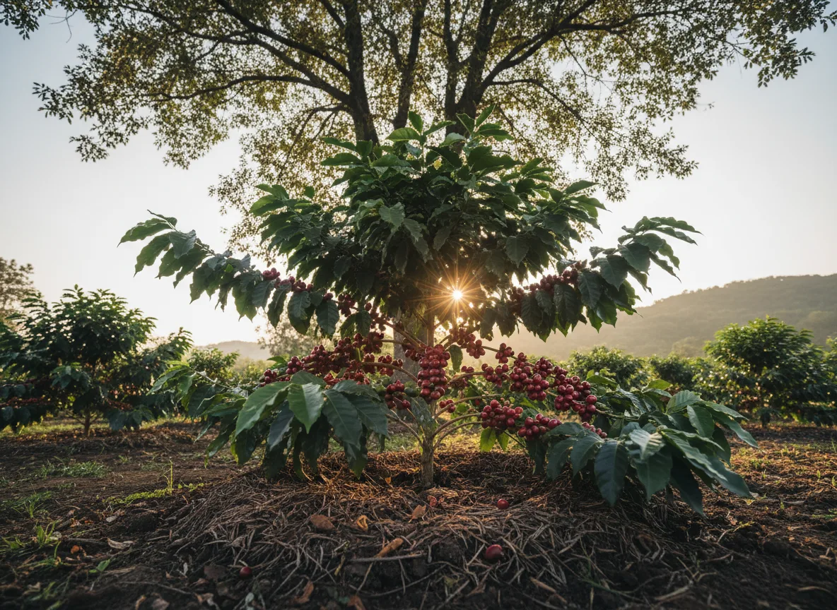 A healthy Arabica coffee plant with ripe red cherries growing in the dappled sunlight of a farm in Central India.