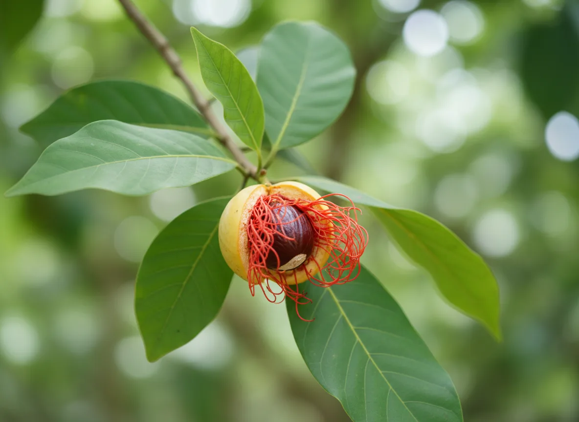 A ripe nutmeg fruit split open on the tree, revealing the bright red Javitri (mace) aril covering the inner seed.