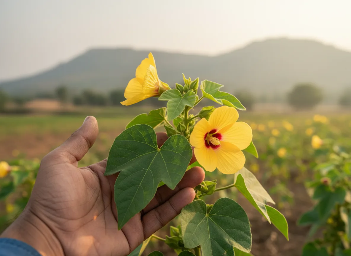 A farmer's hand inspecting a healthy Abutilon indicum (Atibala) plant with yellow flowers, growing in a field in Jharkhand.