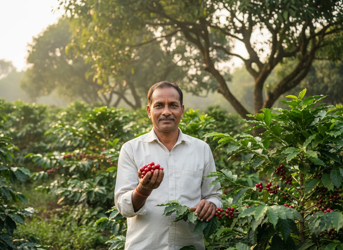 A farmer in Junagadh, Gujarat, holding ripe red Arabica coffee cherries in his hand inside a shaded coffee plantation.