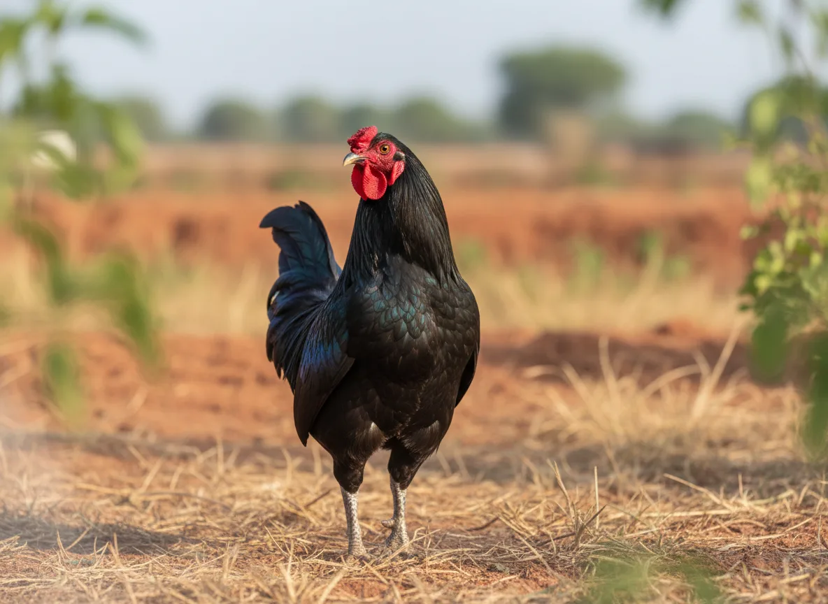 A pure-breed black Kadaknath rooster standing on red soil at a farm in Kurnool, Andhra Pradesh.
