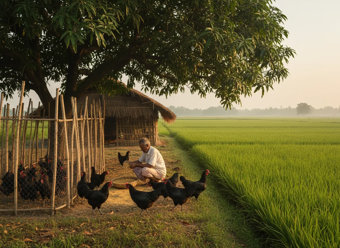 A farmer in rural India feeding his flock of black Kadaknath chickens in a yard next to a green rice paddy field.