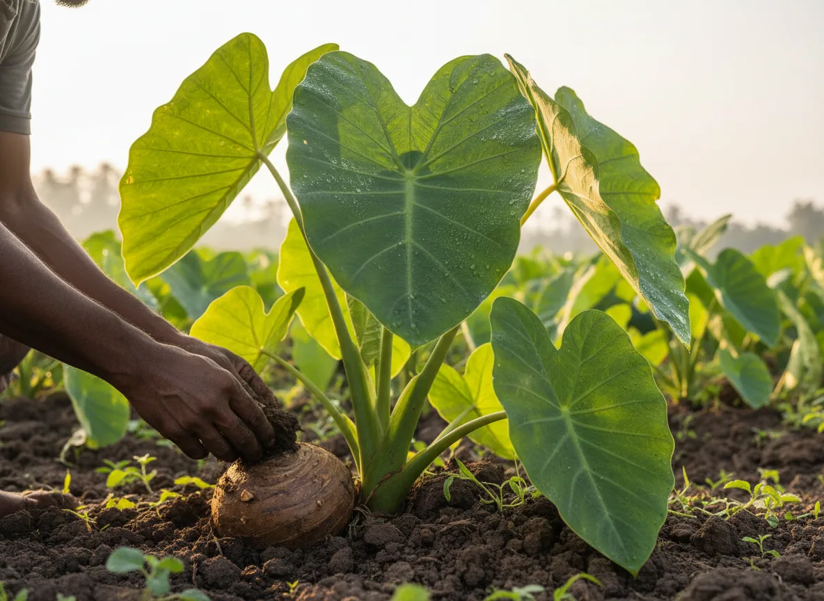 A farmer's hands revealing a large Colocasia corm at the base of a lush green plant in a field in Karnataka.