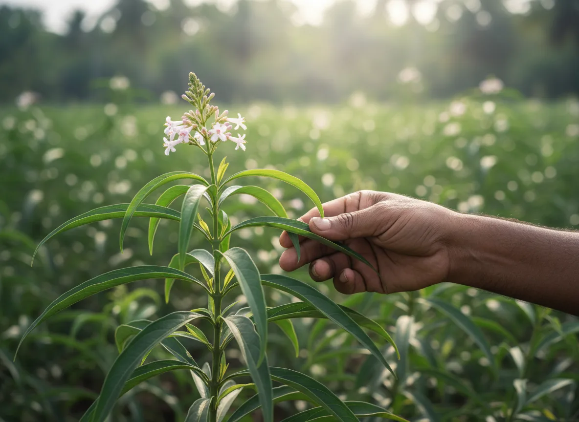 A farmer's hand touching the leaf of a healthy Sarpagandha plant with white flowers, thriving in a Kerala field.