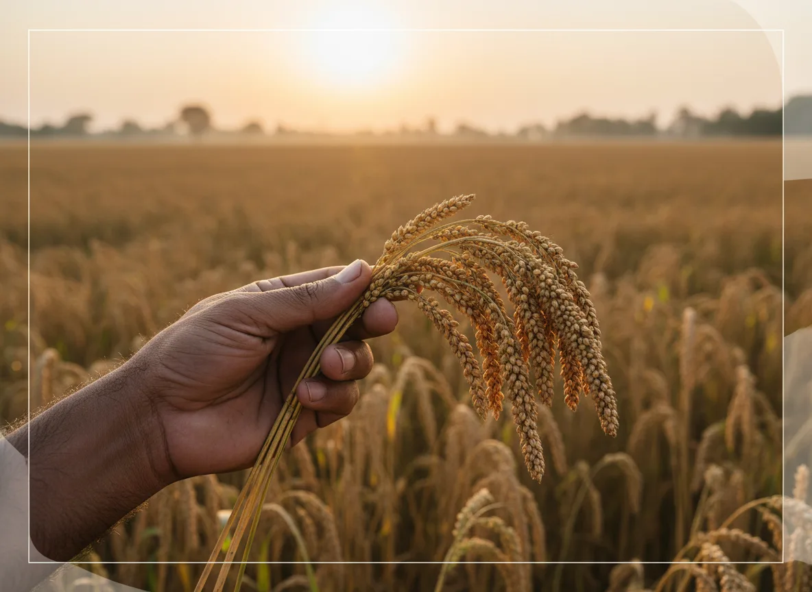 A farmer's hand holding a ripe, golden-brown Kodo Millet (Kodra) panicle in a field in Gujarat.