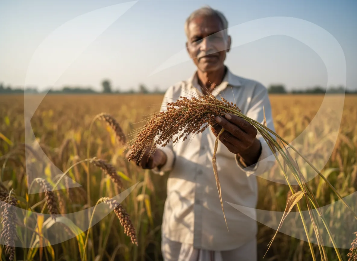 A farmer in Madhya Pradesh inspects a ripe Kodo millet earhead in his field, ready for harvest.