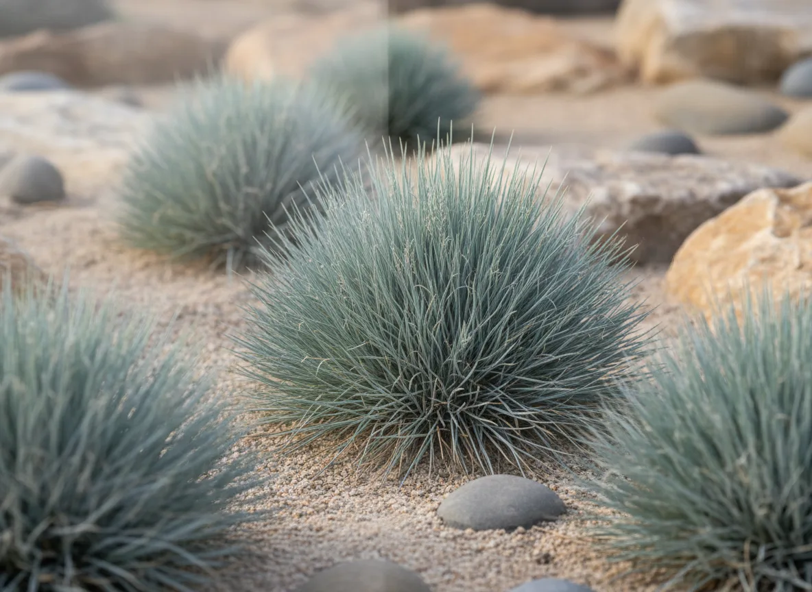 Dense, silvery-blue clumps of Kolar Blue Fescue grass growing in a well-drained, modern rock garden.
