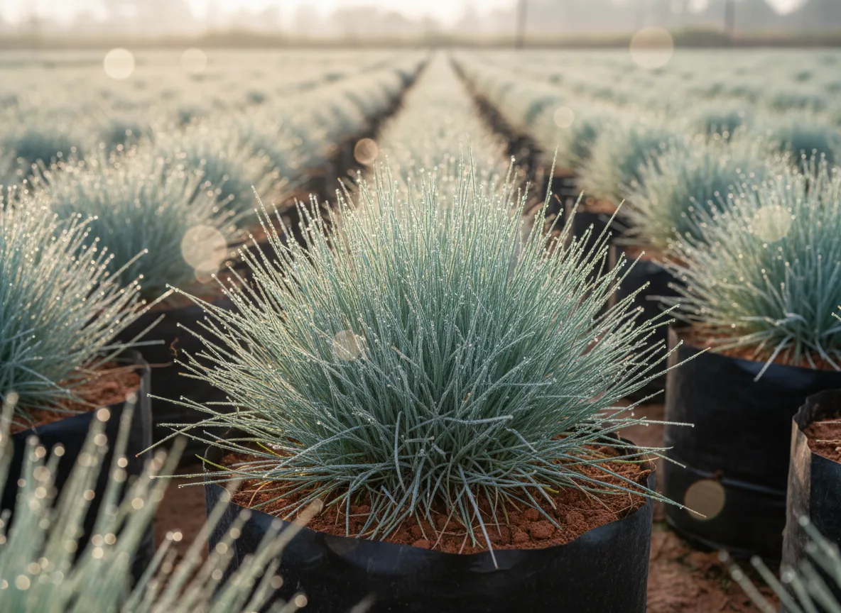 A dense clump of Kolar Blue Fescue grass with its characteristic silvery-blue foliage, ready for sale at a nursery.