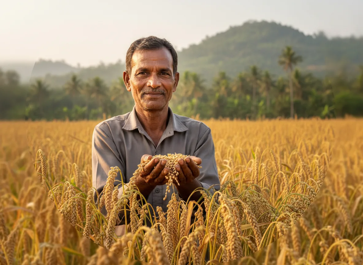 An experienced Indian farmer inspects ripe, golden panicles of Proso Millet (Cheena) in his field in the Konkan region at sunset.