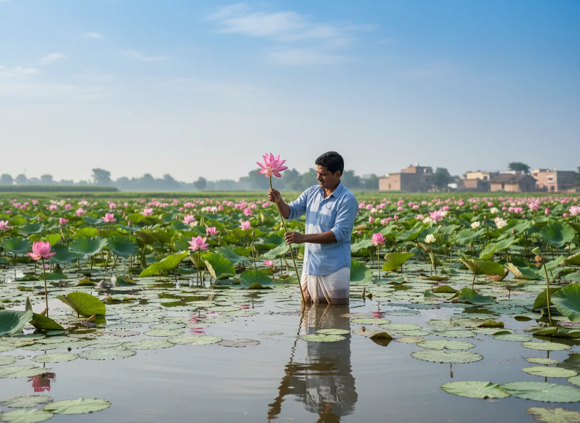 A farmer in Haryana stands in a pond, carefully harvesting a pink lotus flower amidst a field of green lily pads.