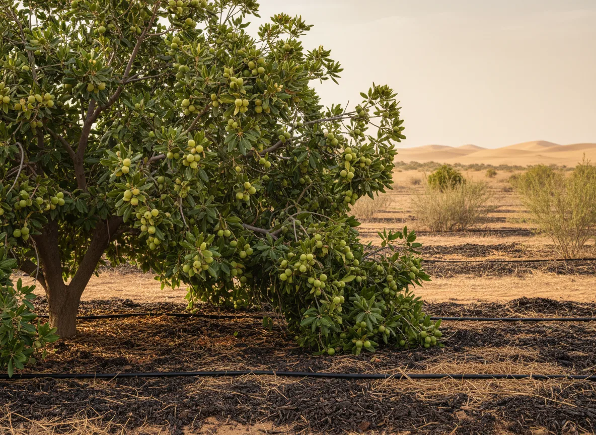 A healthy macadamia nut tree with green husks growing successfully in the Thar Desert with drip irrigation and mulch.
